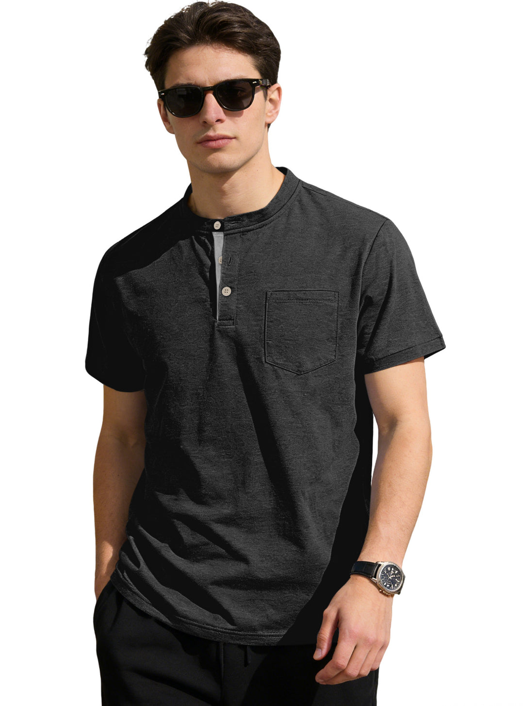 Men's structured cotton henley shirt with short stand-up collar button placket and chest pocket Mune Fashion