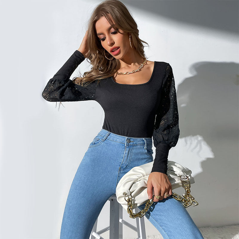 Ladies long-sleeved bodysuit with lace sleeves and square neckline Mune Fashion