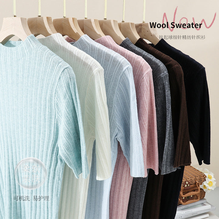 Ladies Fine Ribbed Short Sleeve Fine Knit Top with Stand Collar Mune Fashion