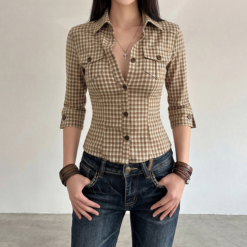 Women fitted three-quarter sleeve checked blouse with breast patch pockets and shirt collar Mune Fashion
