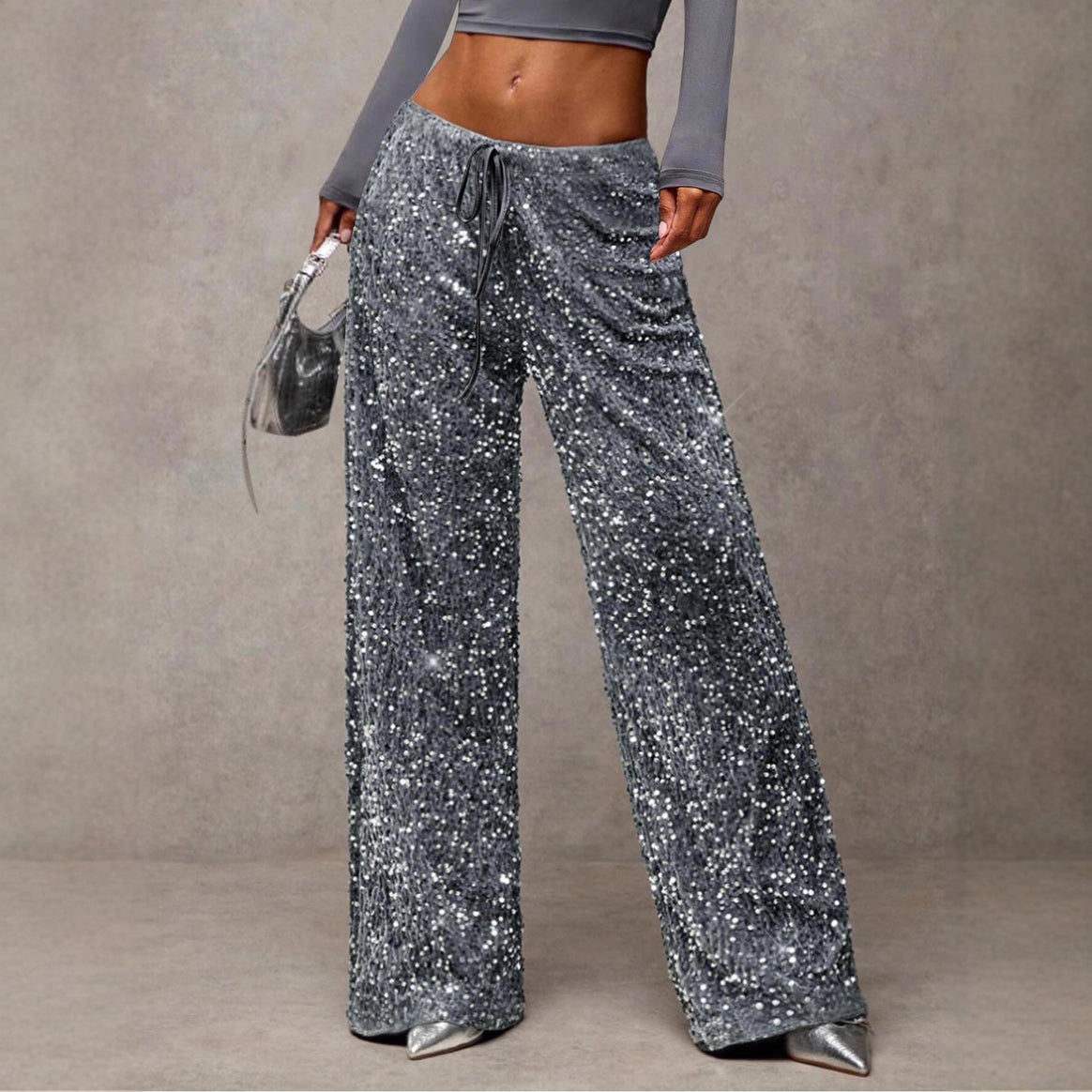 Women Sequin Palazzo Trousers with High Waist and Drawstring Mune Fashion