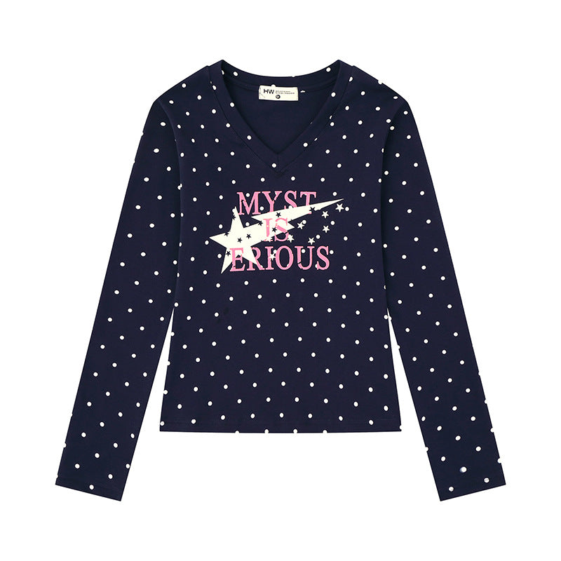 Women's long sleeve shirt with V-neck, polka dots and statement print made of cotton jersey Mune Fashion