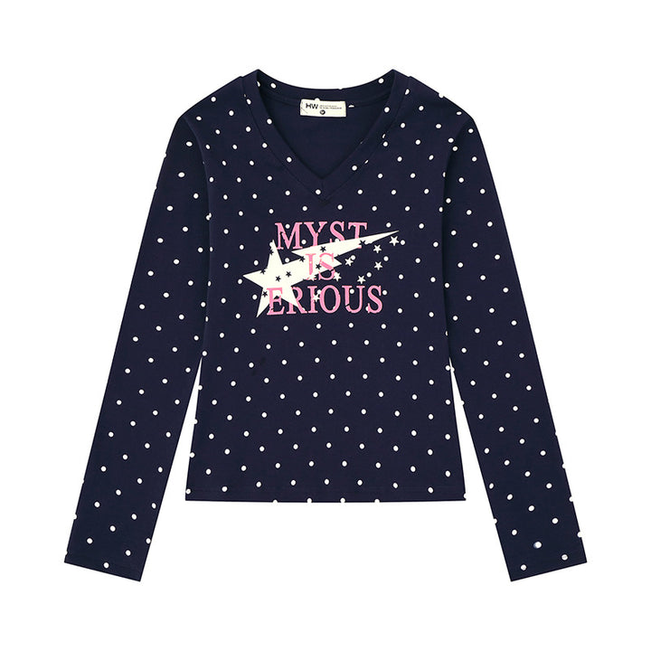 Women's long sleeve shirt with V-neck, polka dots and statement print made of cotton jersey Mune Fashion