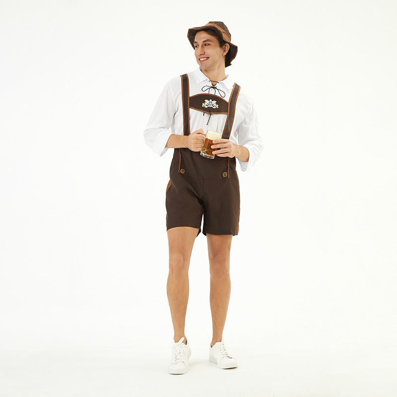 Men's traditional short leather pants with adjustable straps and decorative bib Mune Fashion