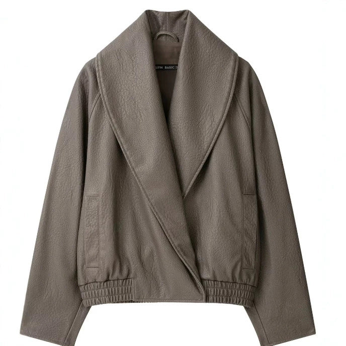 Women's Short Cut Faux Leather Bomber Jacket with Wide Shawl Collar Mune Fashion