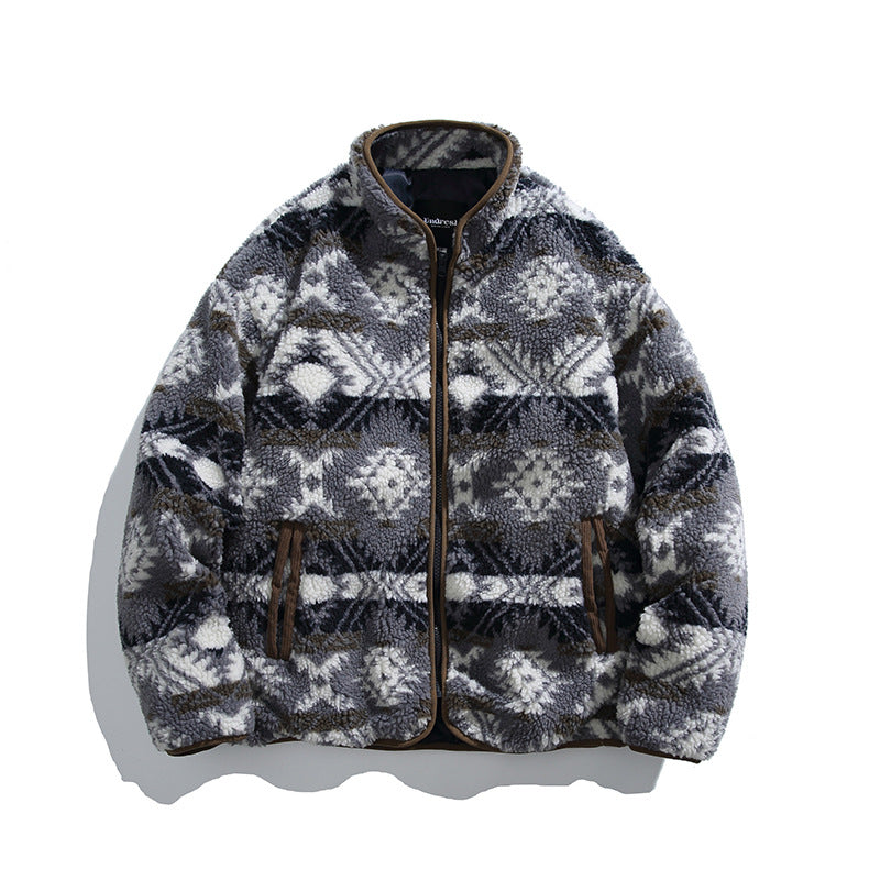 Unisex teddy fleece jacket in tribal pattern with stand-up collar and continuous zipper Mune Fashion
