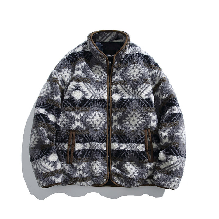 Unisex teddy fleece jacket in tribal pattern with stand-up collar and continuous zipper Mune Fashion