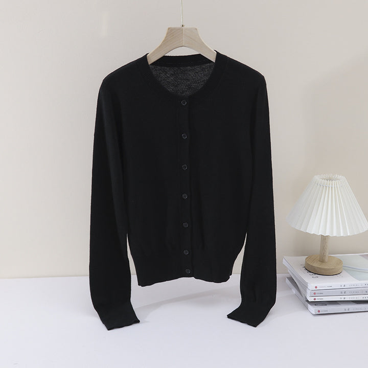 Women Fine Button Cardigan with Round Neckline, Slim Fit and Ribbed Finishes Mune Fashion