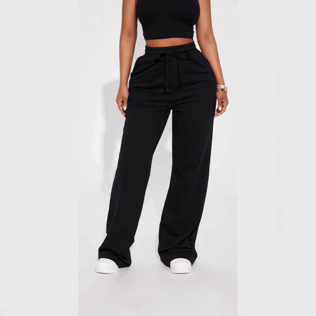 Ladies' wide High-Waist lounge pants made of soft cotton blend with drawstring and side pockets Mune Fashion