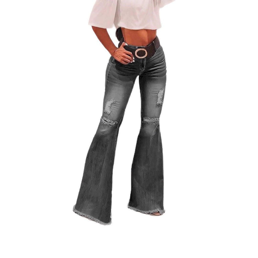Women's High-Waisted Flared Jeans with Knee Rips, Frayed Hem and Flared Leg Mune Fashion
