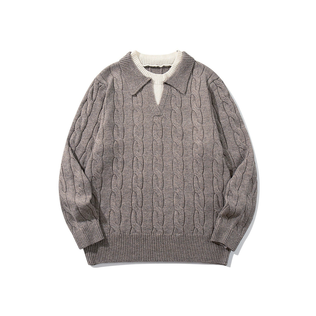 Unisex Structured Cable Knit Sweater with Polo Collar and Deep V-neck Mune Fashion