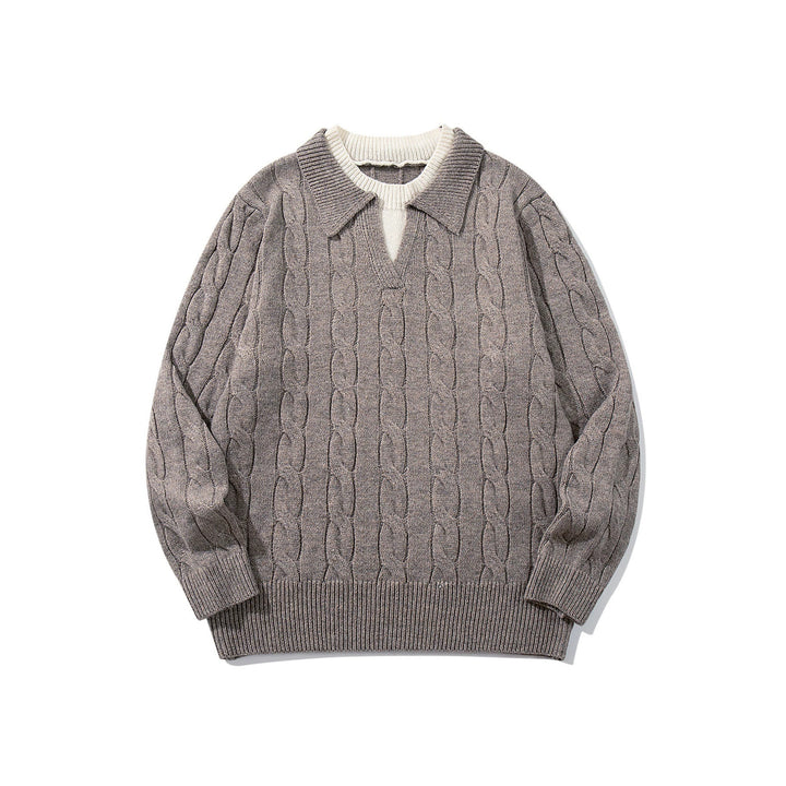 Unisex Structured Cable Knit Sweater with Polo Collar and Deep V-neck Mune Fashion