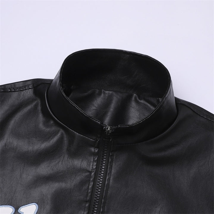 Men's Leather Look Bomber Jacket with Stand Collar, Logo Embroidery & Front Zip Mune Fashion