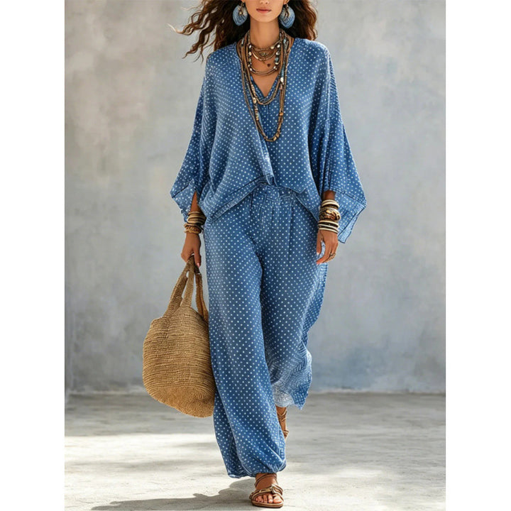 Ladies Boho Lounge Set with wide V-neck, batwing sleeves and elastic waistband palazzo pants Drune