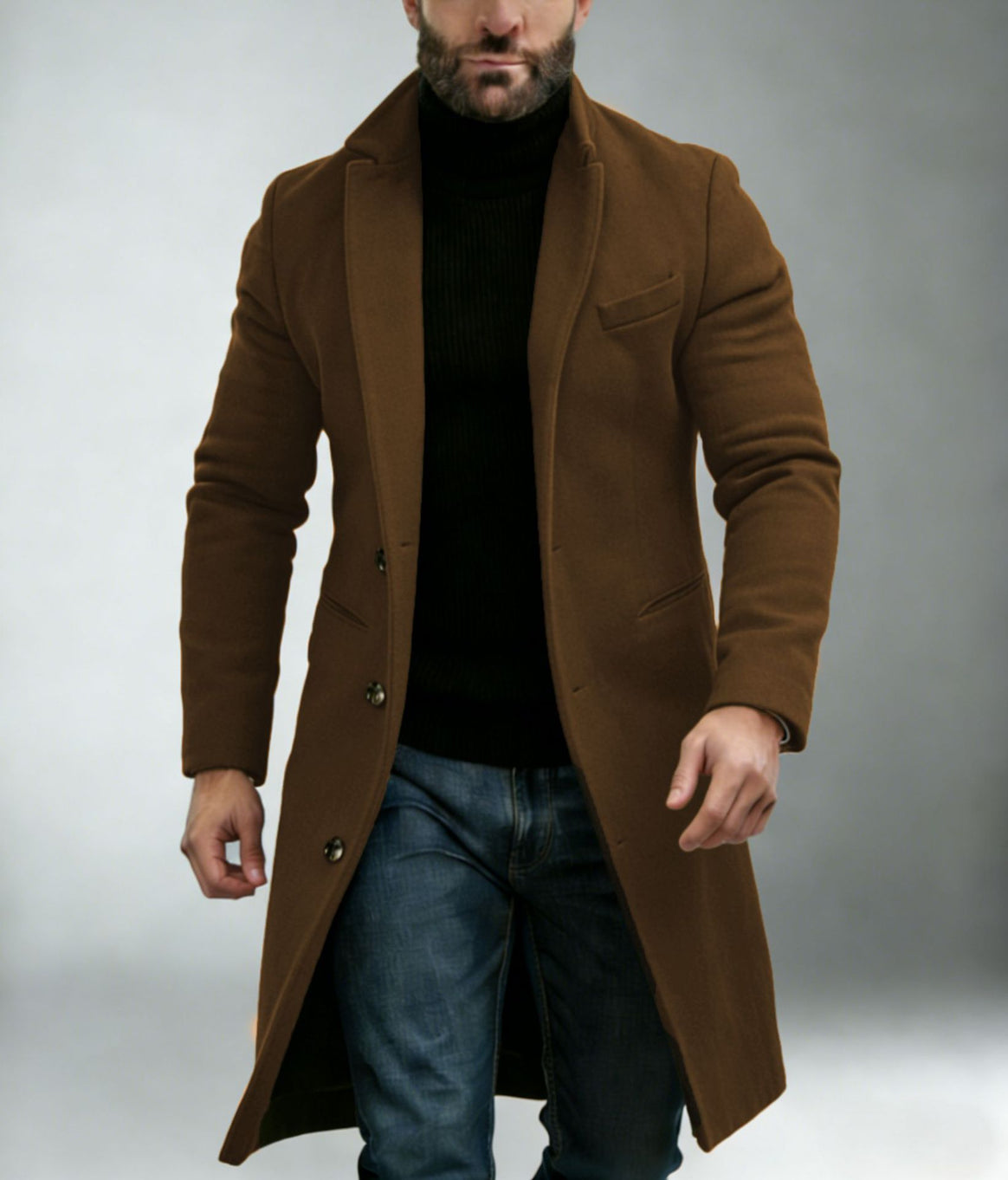 Men's Longer Tailored Wool Coat with Lapel Collar and Flap Pockets Mune Fashion
