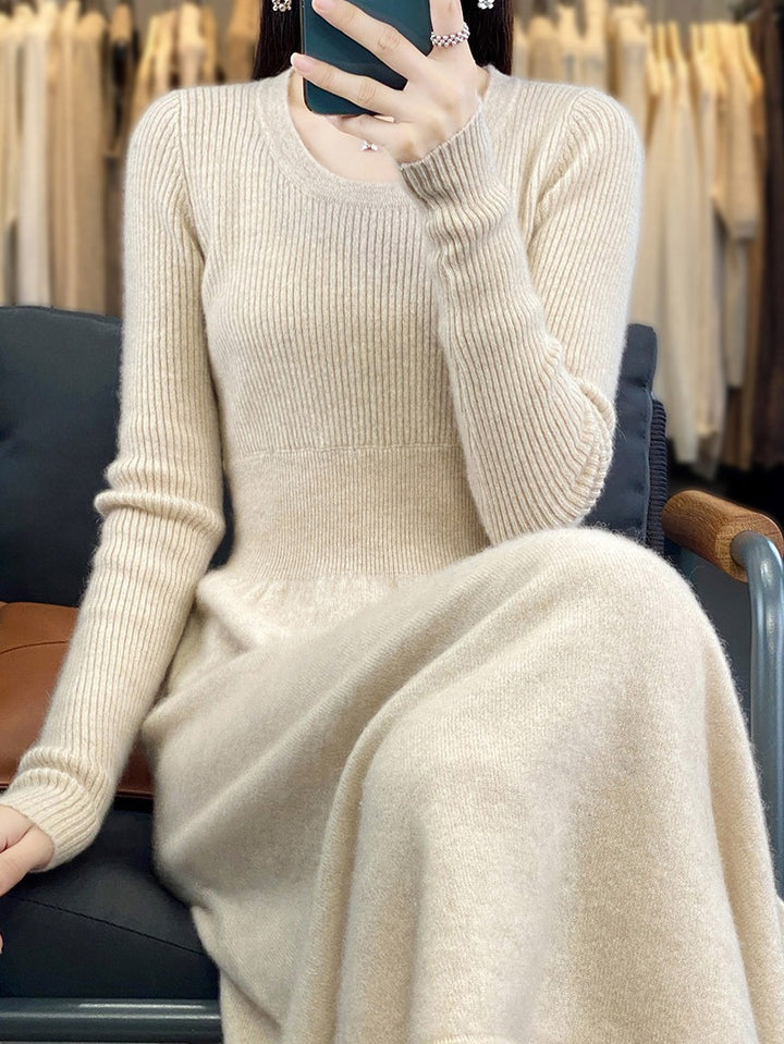Women's Long Sleeve Midi Dress Made of Fine Knit with Tailored A-Line Silhouette Mune Fashion