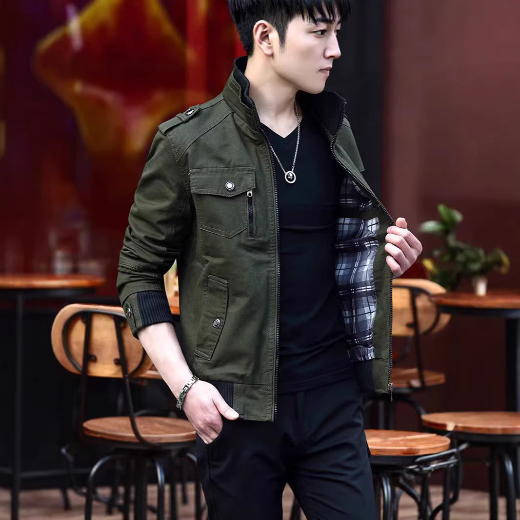 Men's Lightweight Canvas Field Jacket with Zipper and Shoulder Flaps Mune Fashion
