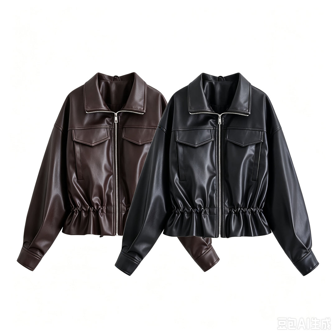 Women’s short jacket made of vegan leather with drawstring and patch chest pockets Drune