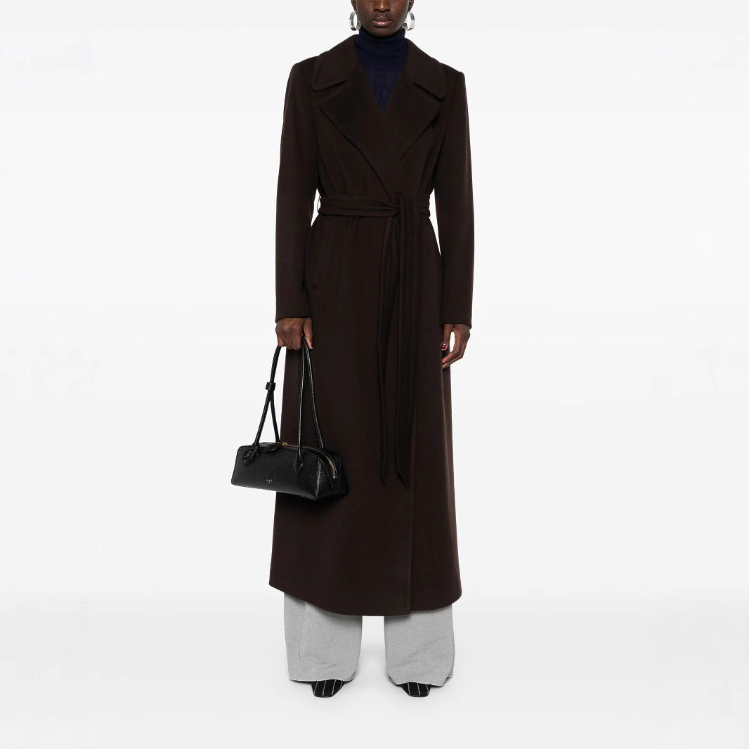 Women's long wrap coat made of wool blend with tie belt and wide lapels Mune Fashion