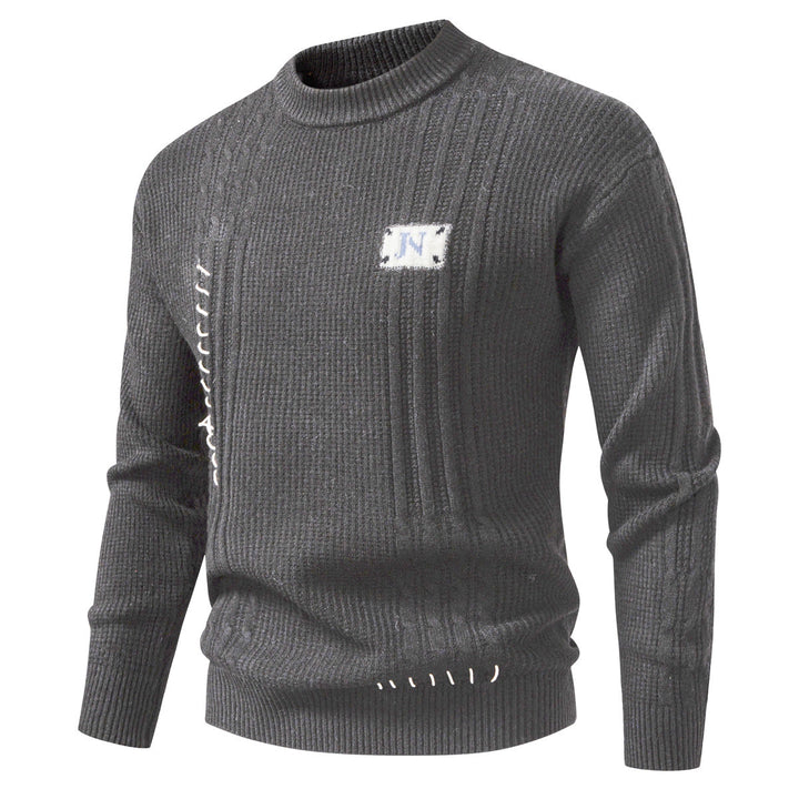 Men's Structured Ribbed Knit Pullover with Decorative Seams and Logo Patch Mune Fashion