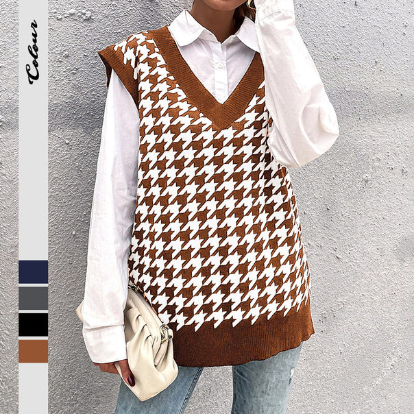 Ladies Oversize Knit Vest with Houndstooth Pattern and Deep V-Neck Mune Fashion
