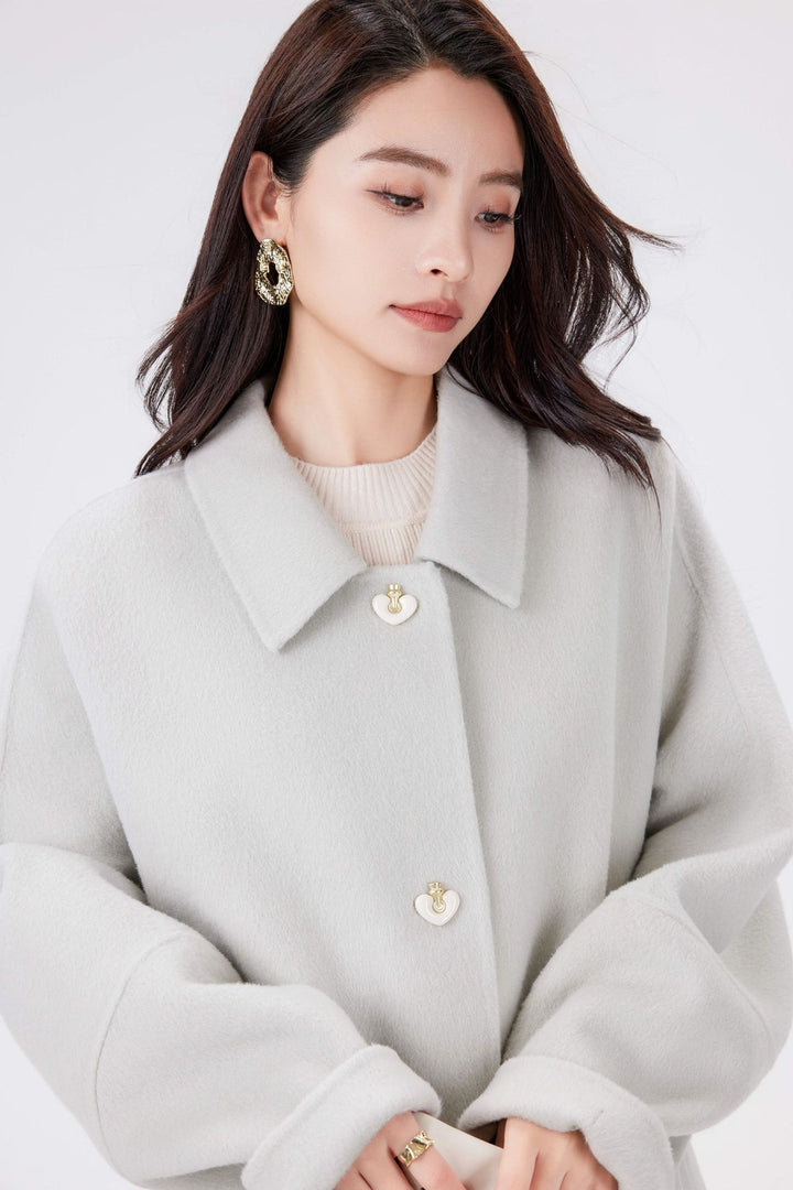 Women's Short Wool Blend Boxy Coat with Decorative Heart Buttons Mune Fashion