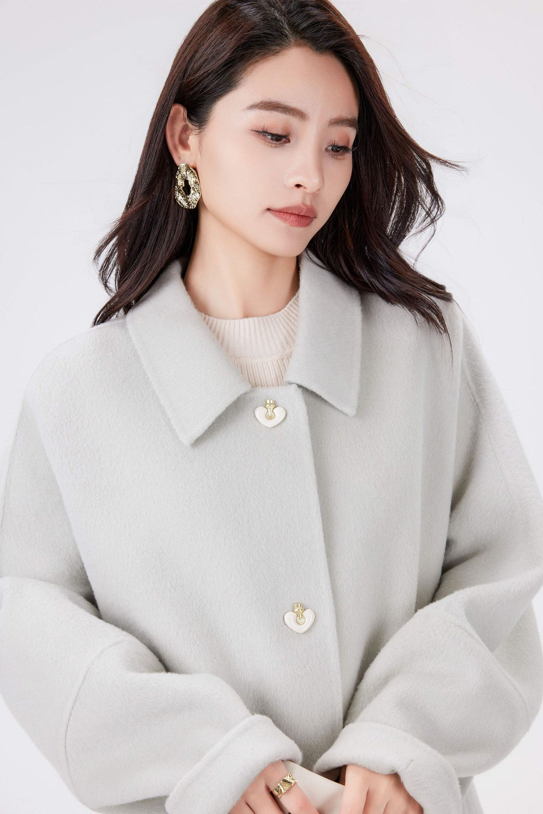 Women's Oversize Wool Cocoon Coat with Decorative Heart Buttons Mune Fashion