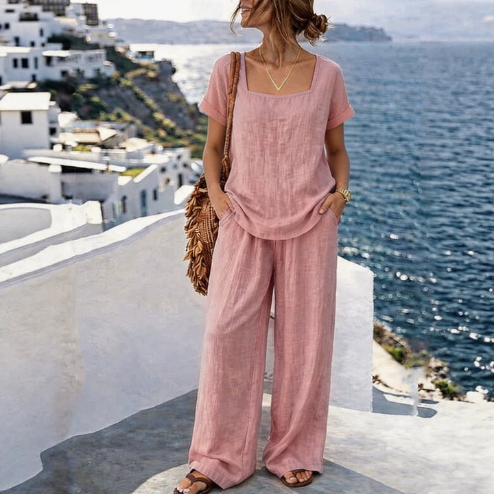 Ladies Airy Linen Top with Wide Pants Mune Fashion