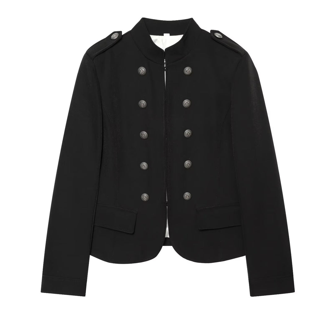 Women's Military Inspired Double Breasted Short Jacket with Stand Collar and Epaulettes Mune Fashion