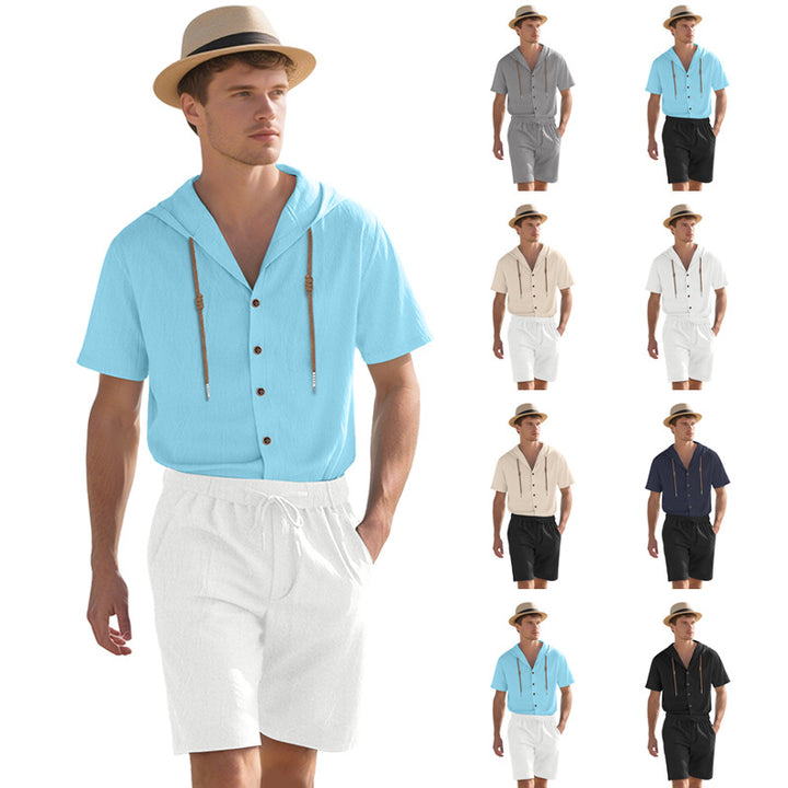 Men's lightweight summer hoodie in linen look with continuous button placket and drawstring Mune Fashion