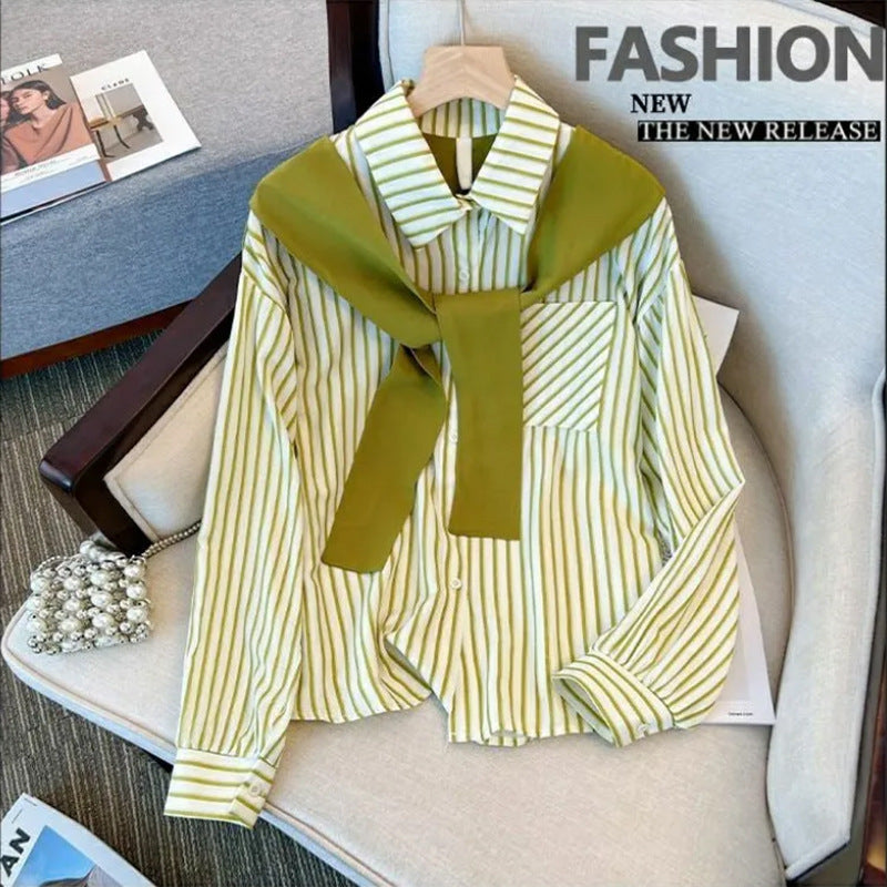 Ladies' loose striped blouse with decorative neck scarf Mune Fashion