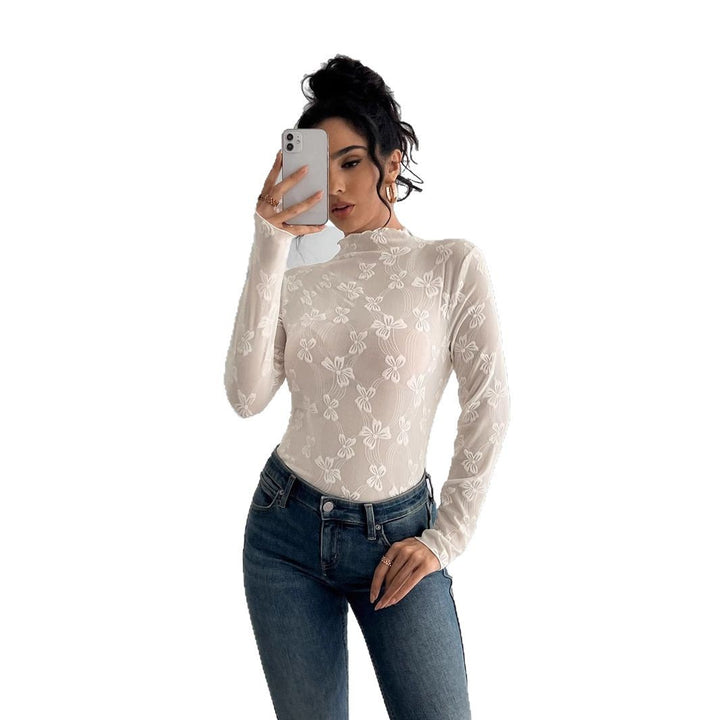 Women's figure-hugging transparent long sleeve top made of mesh fabric with floral embroidery and standing collar Mune Fashion