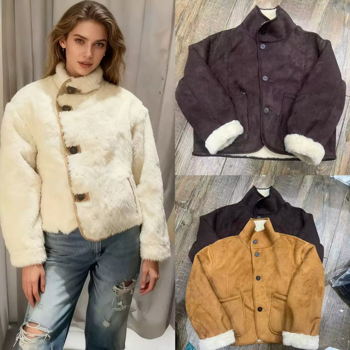 Ladies Short Sheepskin Look Jacket with Stand-Up Collar and Large Patch Pockets Mune Fashion