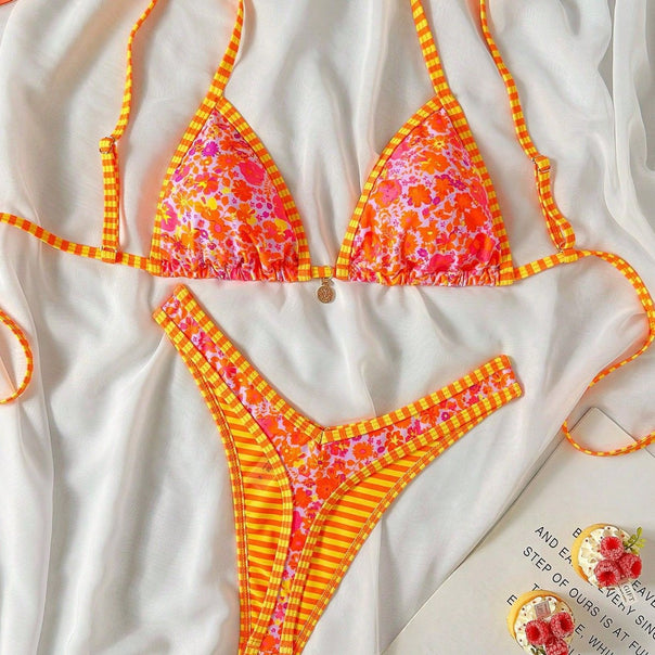 Women Triangle Bikini with Ruffle Details and Check Pattern Mune Fashion