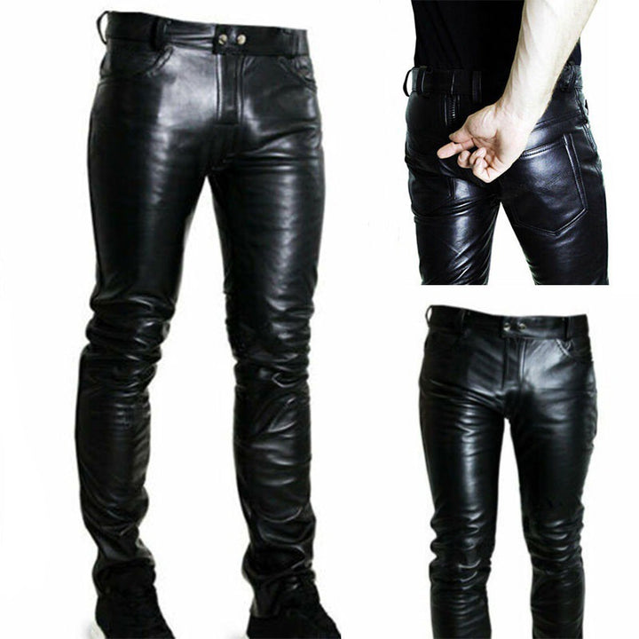 Men's Tight-Fitting Pants in Leather Look with Slim Silhouette and Snap Button Waistband Mune Fashion