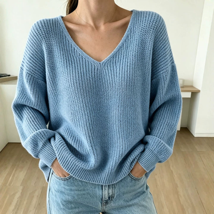Women's Casual Boxy Chunky Knit Sweater with V-Neck and Ribbed Cuffs Mune Fashion