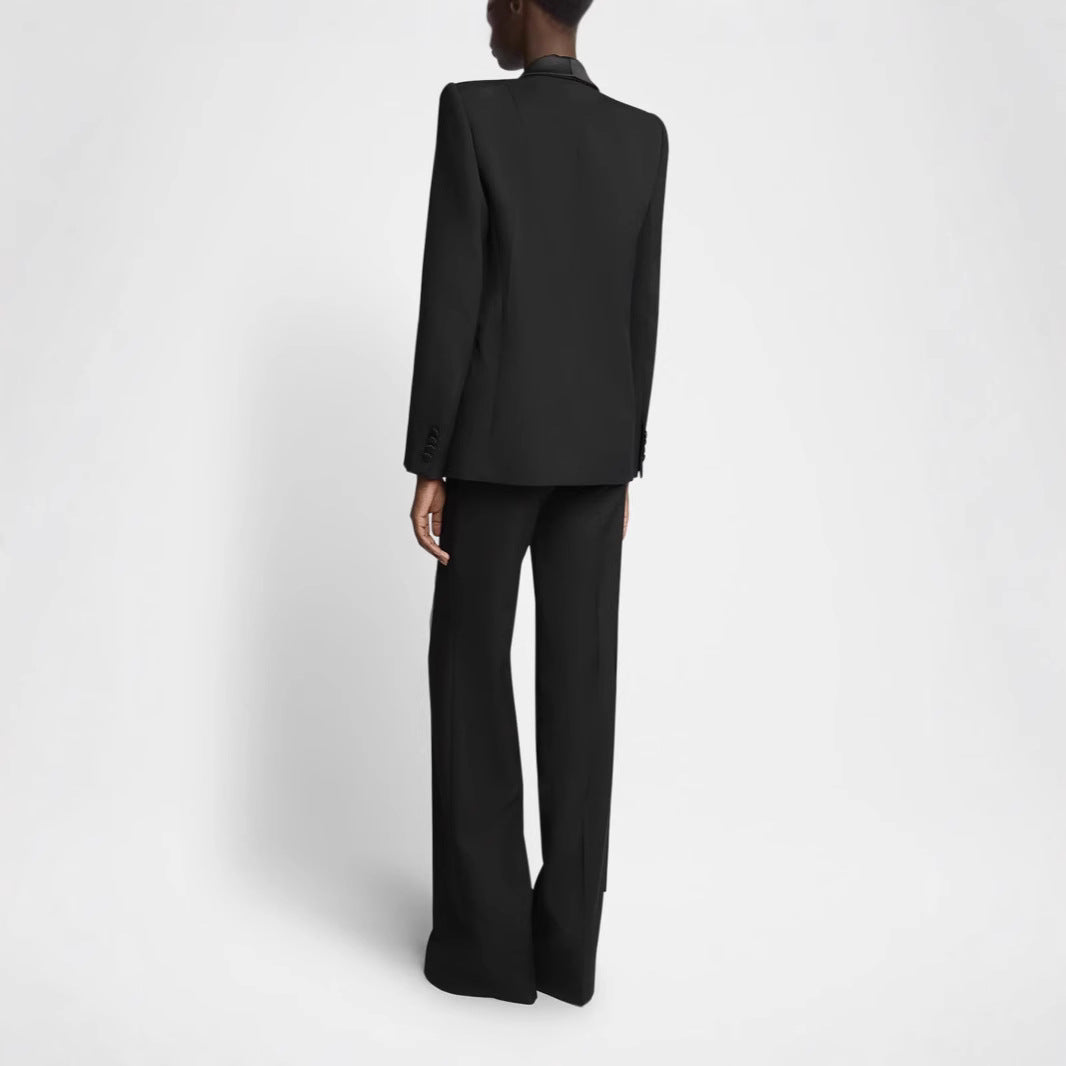 Women's Elegant Tuxedo Set with Satin Shawl Collar and Wide Palazzo Pants Cut Mune Fashion