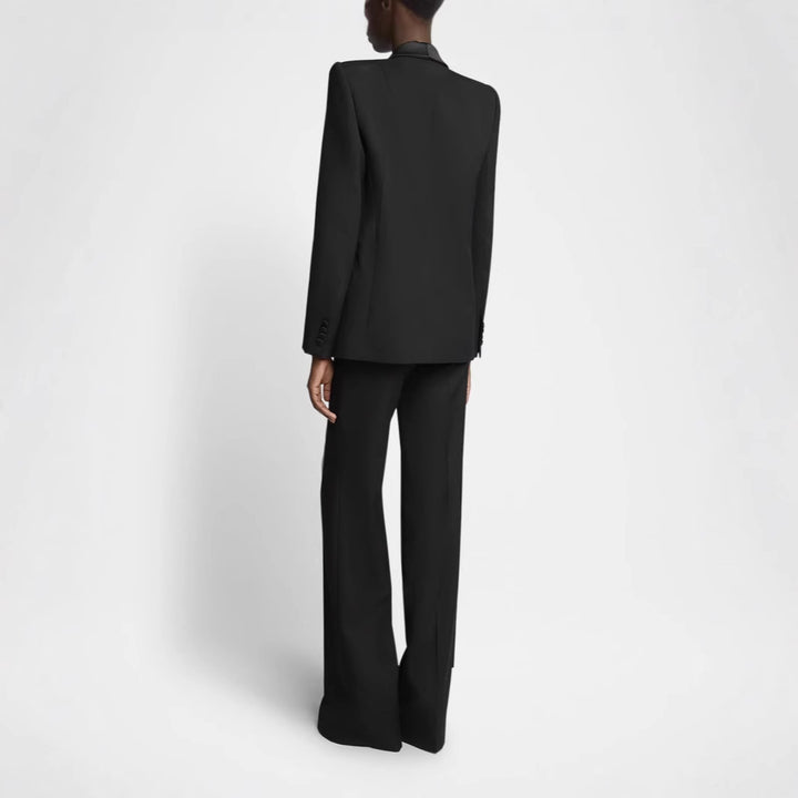Women's Elegant Tuxedo Set with Satin Shawl Collar and Wide Palazzo Pants Cut Mune Fashion