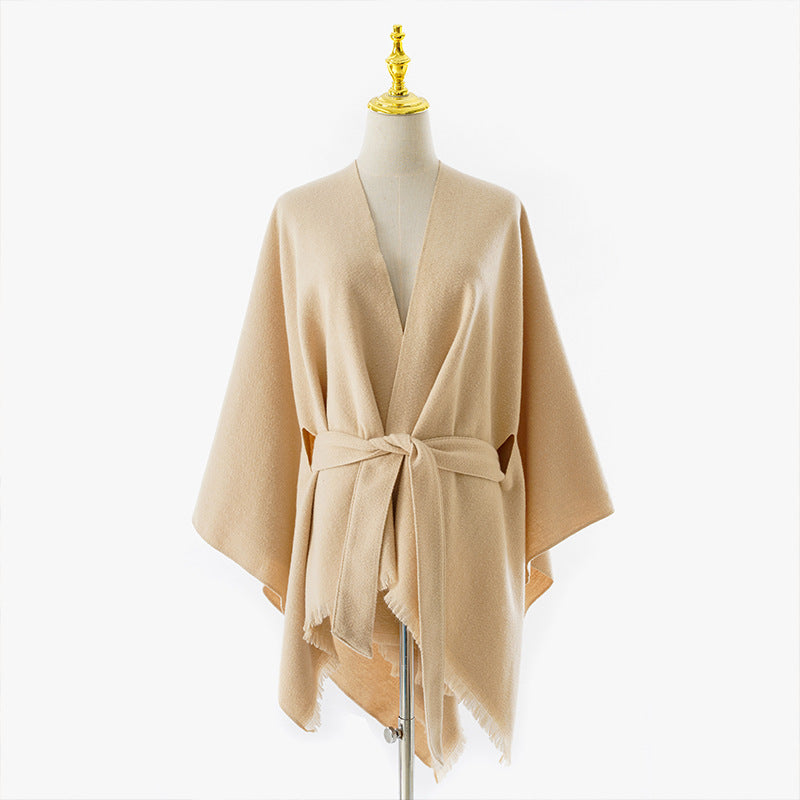 Women's Wrap Poncho with Tie Belt, V-Neck and Fringed Hem Mune Fashion