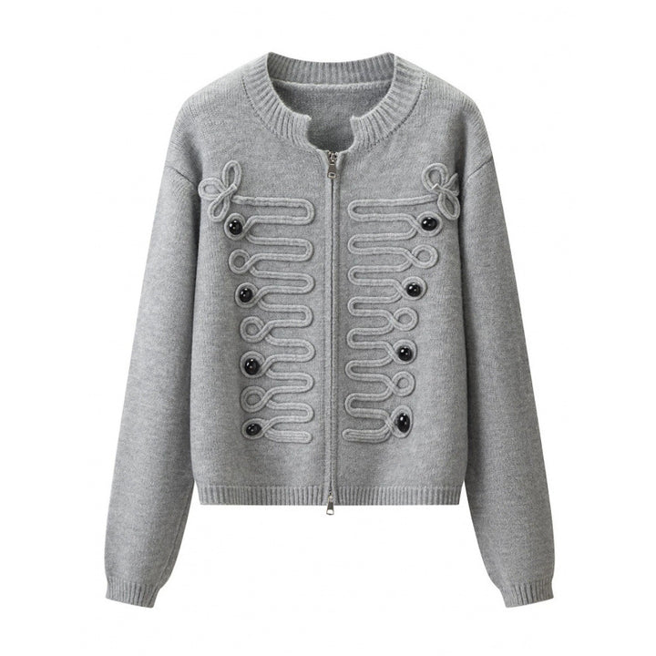 Women's short-cut knitted cardigan with decorative cord applications and two-way zipper Mune Fashion