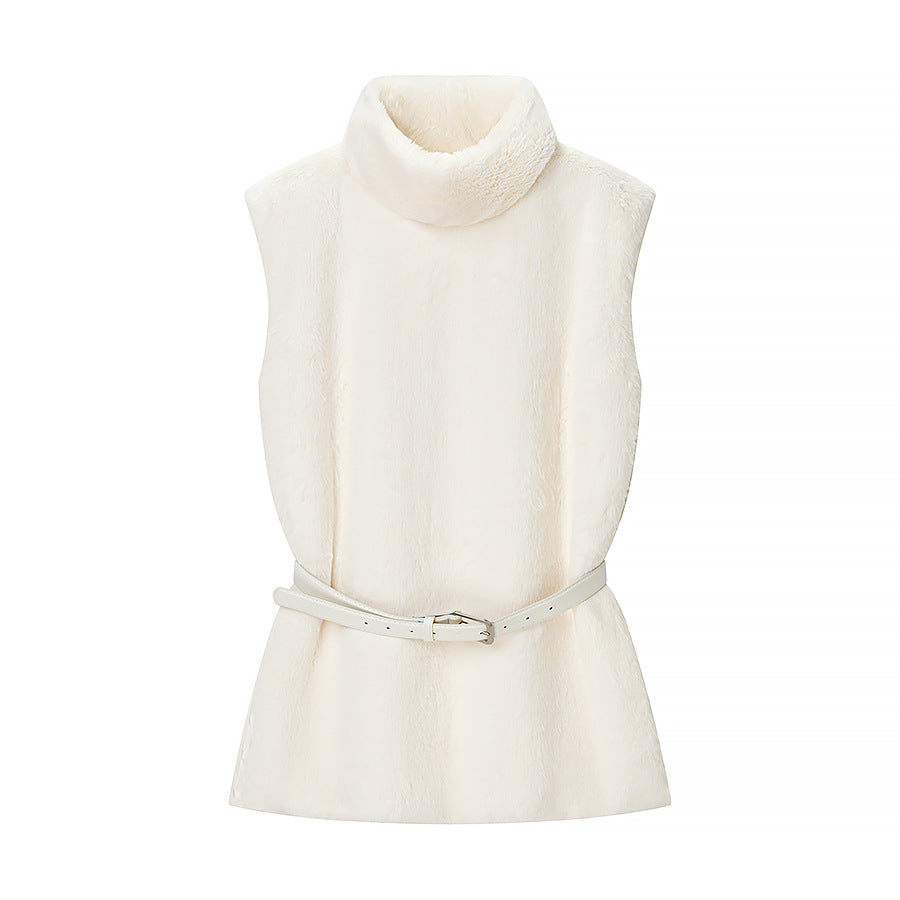 Ladies Sleeveless Faux Fur Vest with Turtleneck and Waist Belt Mune Fashion
