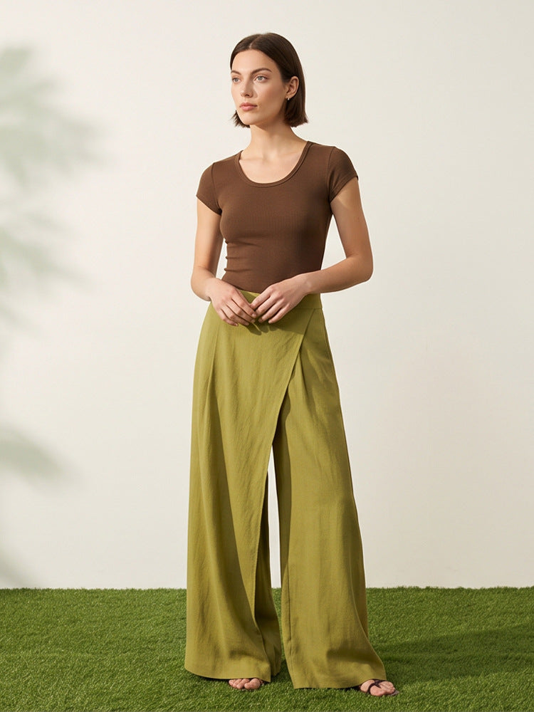 Women's High-Waist Wrap Palazzo Pants with Wide Leg and Flowing Linen Look Mune Fashion