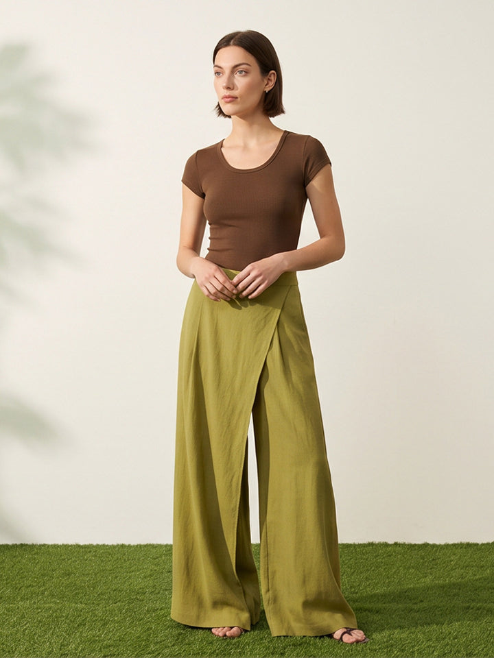 Women's High-Waist Wrap Palazzo Pants with Wide Leg and Flowing Linen Look Mune Fashion