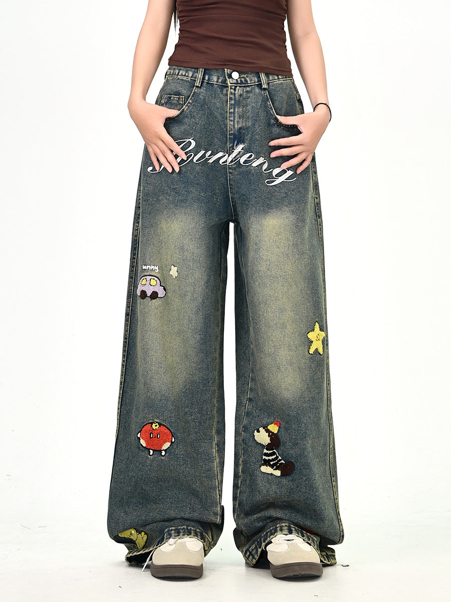 Women's Wide Cut Costume Jeans with Colorful Embroidery Design Mune Fashion