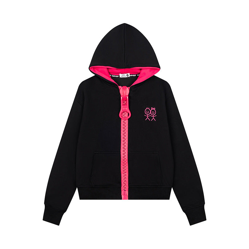 Women's Hoodie Sweat Jacket with Oversized Zipper and Minimalist Embroidery Mune Fashion