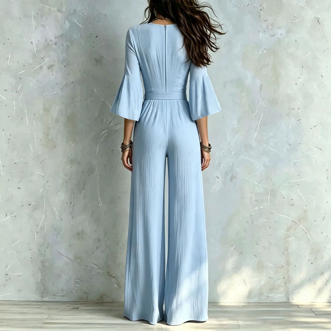 Women's Jumpsuit Wrap Look with Wide Leg, Waist Belt and Bell Sleeves Mune Fashion