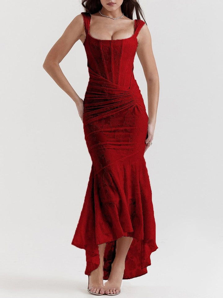 Women’s tight-fitting corset evening dress with integrated boning, ruched wrap design, and floral jacquard texture Mune Fashion
