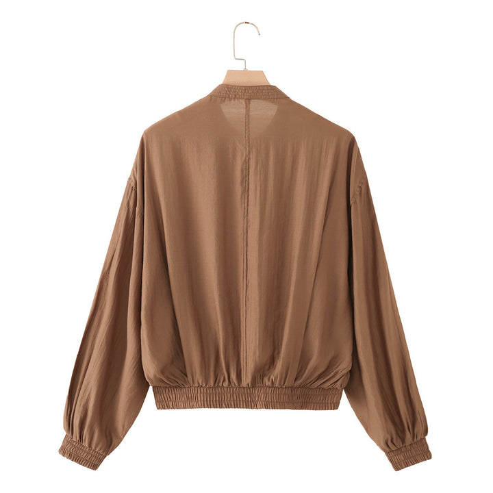 Women Lightweight Cropped Blouson with Pleated Yoke, Stand Collar, and Elastic Waistband