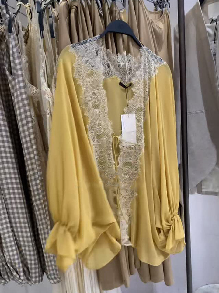 Women's blouse jacket with lace insert, deep V and balloon sleeves Mune Fashion