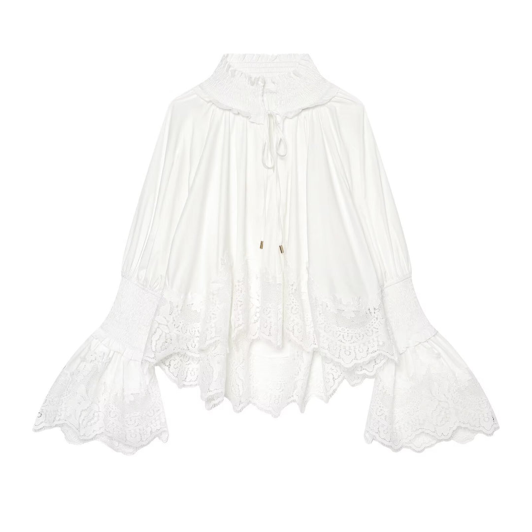 Ladies Romantic Blouse with Ruffle Collar, Bell Sleeves and Lace Trim Mune Fashion